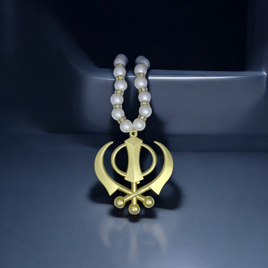 Gold Plated Khanda & Pearl Mala Car Hanging